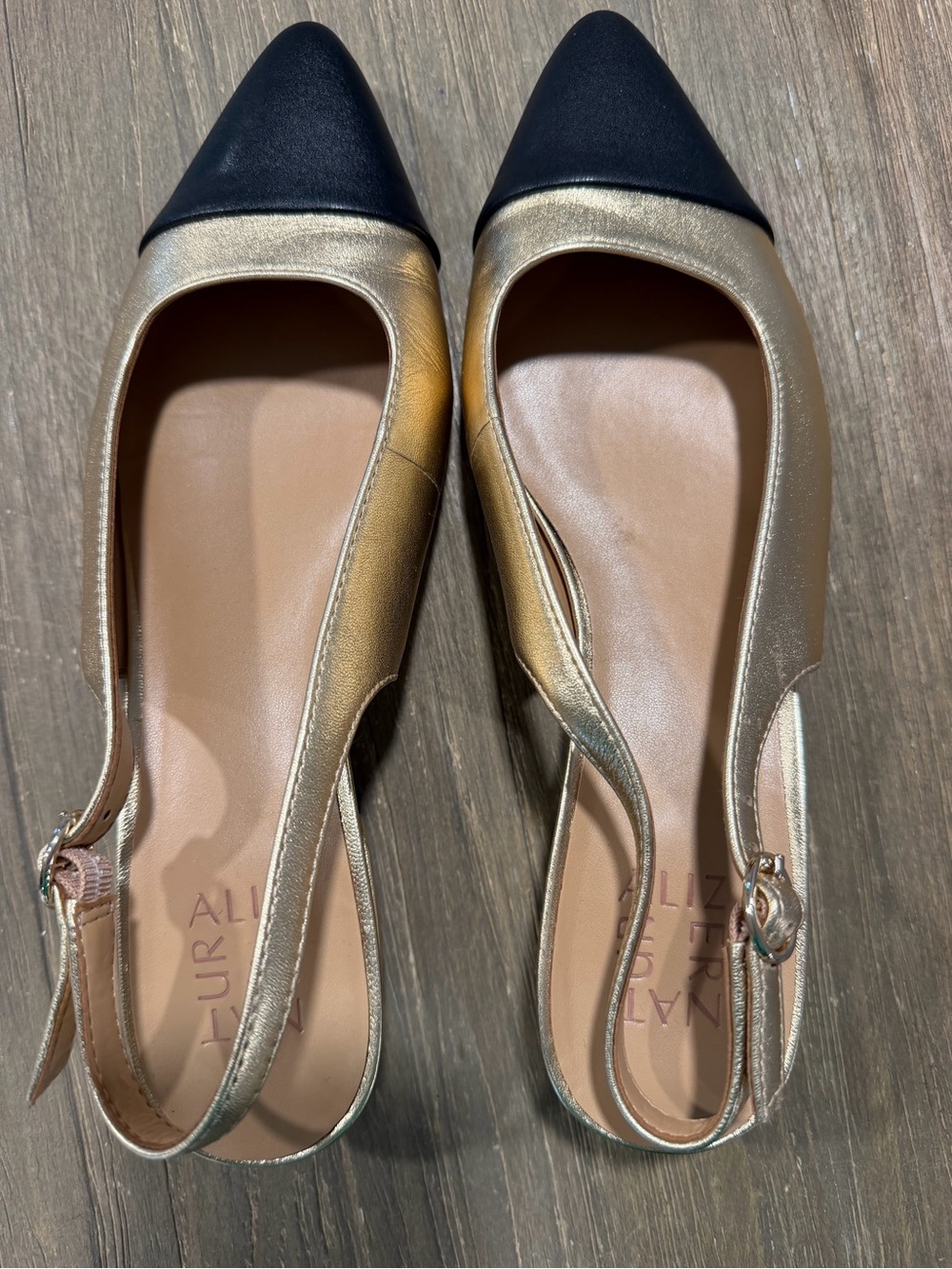 Naturalizer Banks Metallic Gold and Black Pointed Toe Slingback Flats